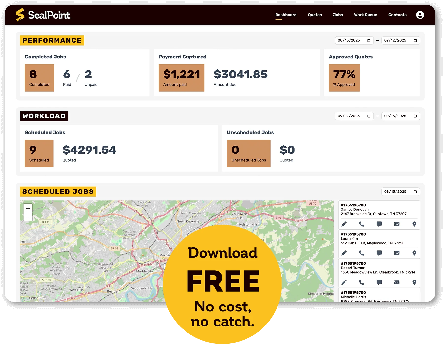 Free job management and scheduling dashboard app showing completed jobs, payments, workload, and scheduled service locations on a map in Knoxville, TN.