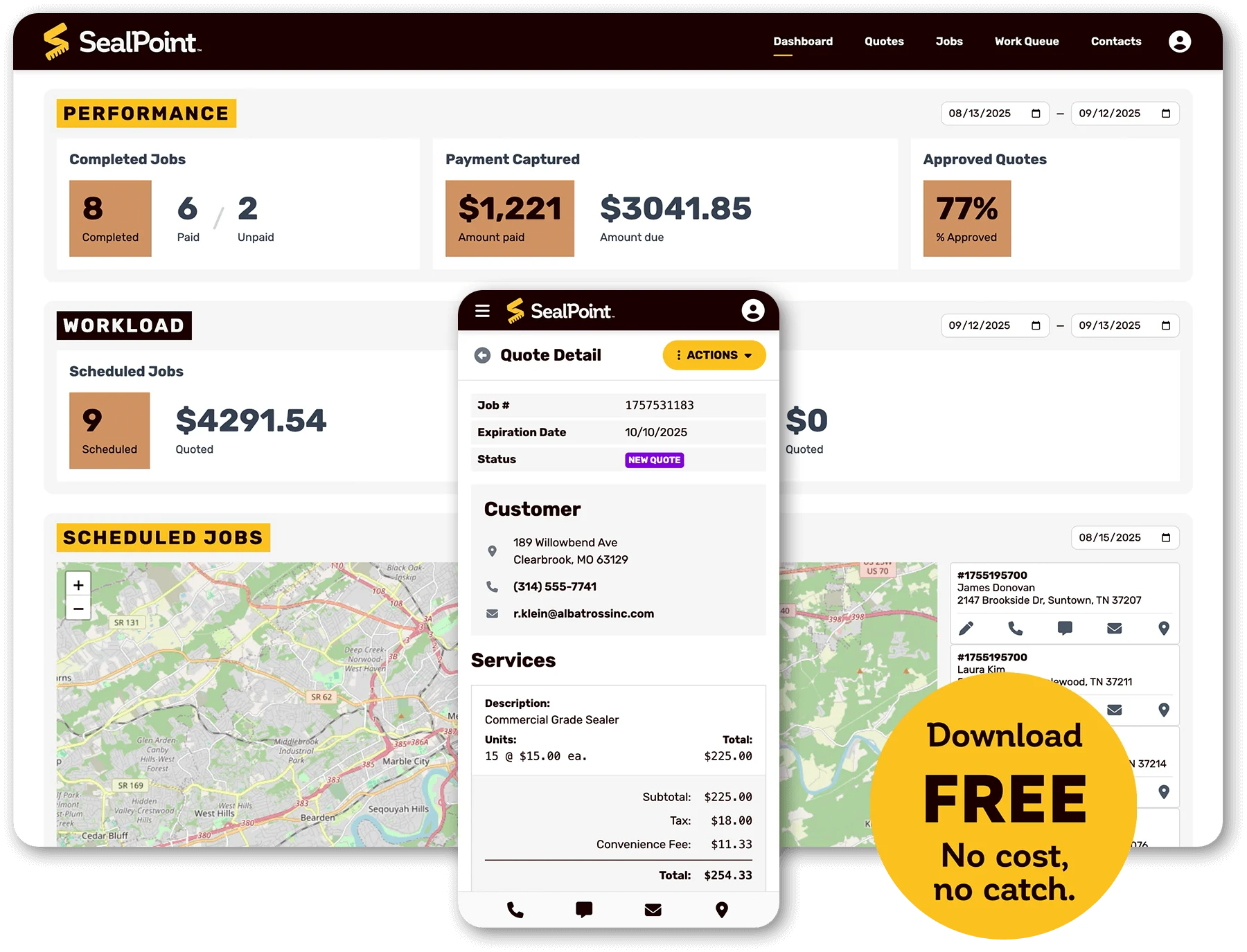 SealPoint free app dashboard and mobile quote detail view with option to download at no cost.