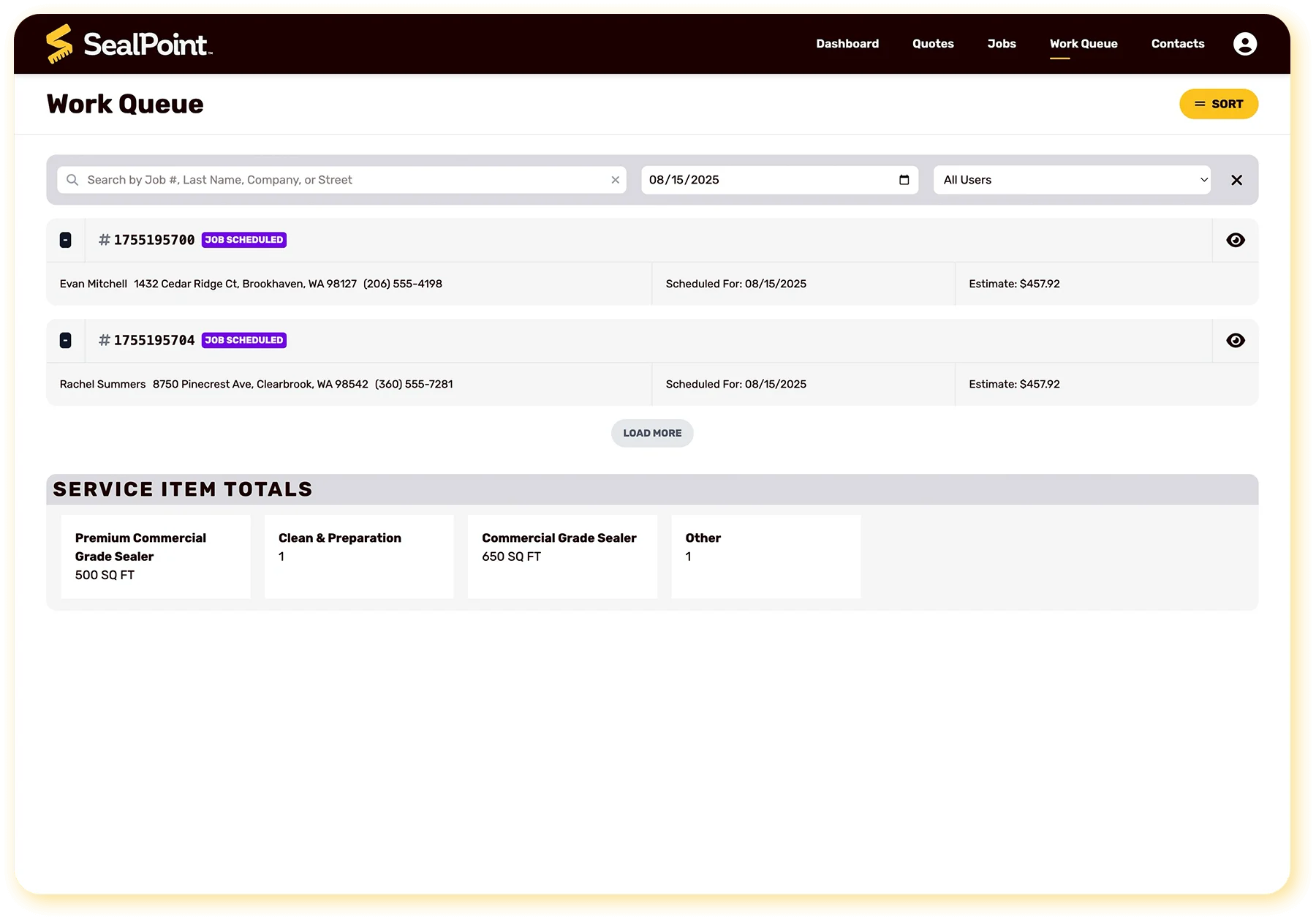 SealPoint free app work queue showing scheduled jobs with customer details and service item totals.